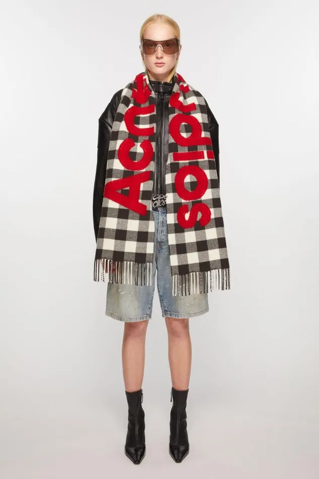 Acne Studios Check Logo Scarf Carbon Greyred Woman Scarves