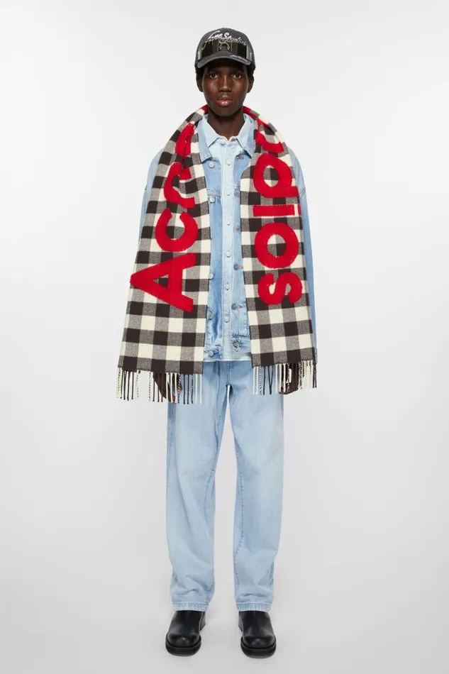 Acne Studios Check Logo Scarf Carbon Greyred Woman Scarves