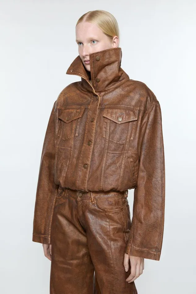 Acne Studios Coated Denim Jacket Cognac Brown Woman Outerwear