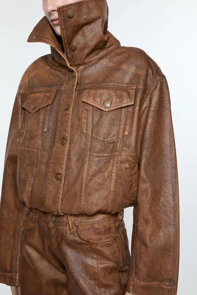 Acne Studios Coated Denim Jacket Cognac Brown Woman Outerwear