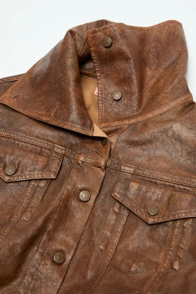 Acne Studios Coated Denim Jacket Cognac Brown Woman Outerwear