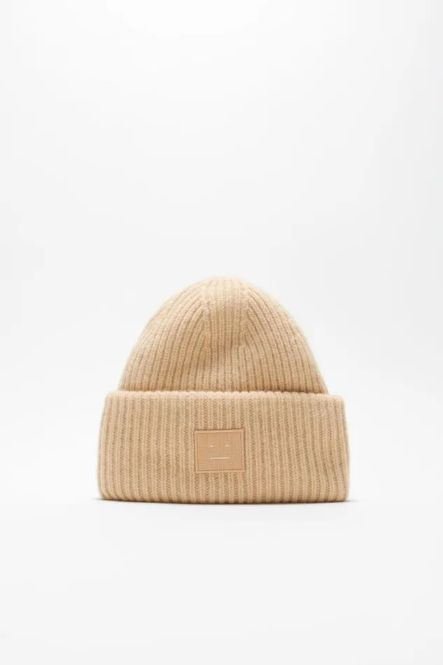 Acne Studios Large Face Logo Beanie Biscuit Beige Woman Hats