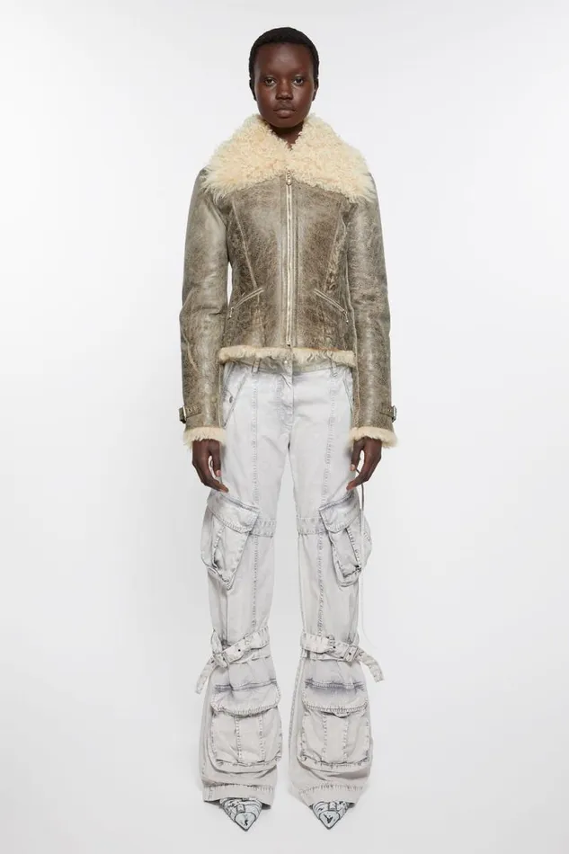 Acne Studios Leather Shearling Jacket Greybeige Woman Outerwear
