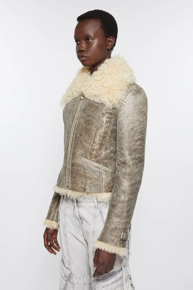 Acne Studios Leather Shearling Jacket Greybeige Woman Outerwear