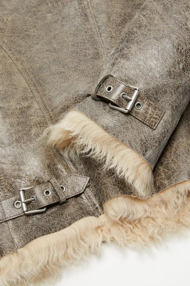 Acne Studios Leather Shearling Jacket Greybeige Woman Outerwear