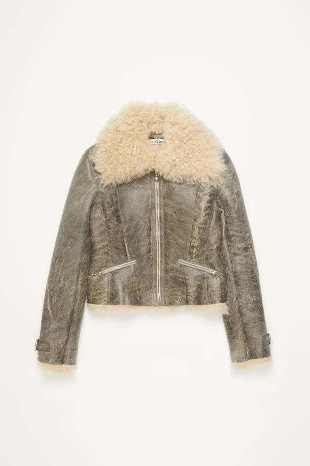 Acne Studios Leather Shearling Jacket Greybeige Woman Outerwear