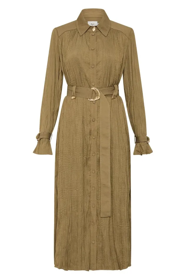 Aje Dresses Bays Crushed Pleat Midi Dress Khaki 8211 Women Aje Dresses Bays Crushed Pleat Midi Dress Khaki 8211 Women
