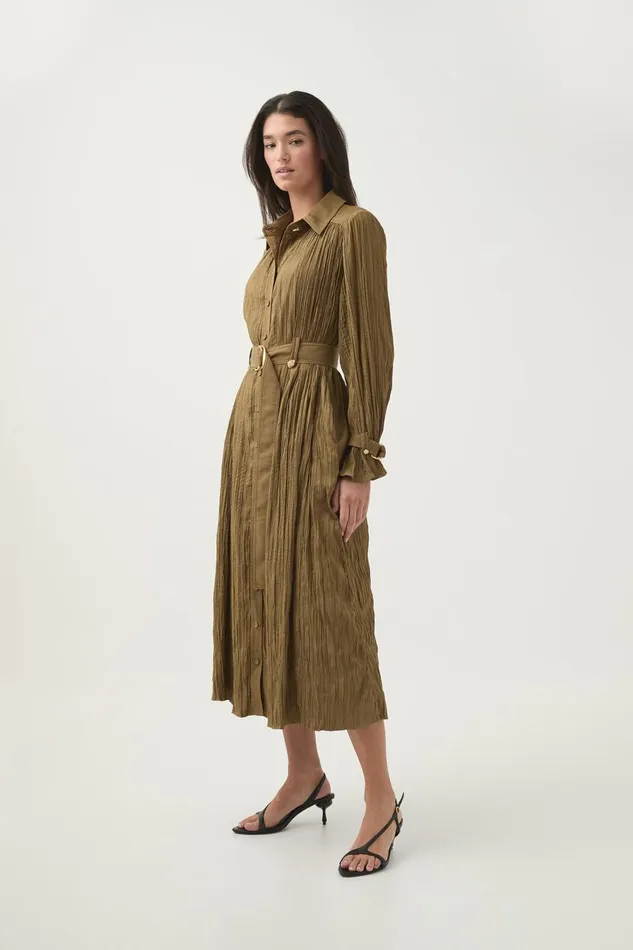 Aje Dresses Bays Crushed Pleat Midi Dress Khaki 8211 Women Aje Dresses Bays Crushed Pleat Midi Dress Khaki 8211 Women