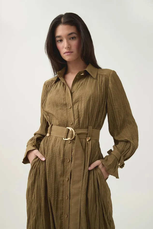 Aje Dresses Bays Crushed Pleat Midi Dress Khaki 8211 Women Aje Dresses Bays Crushed Pleat Midi Dress Khaki 8211 Women