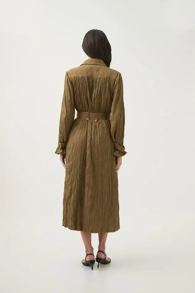 Aje Dresses Bays Crushed Pleat Midi Dress Khaki 8211 Women Aje Dresses Bays Crushed Pleat Midi Dress Khaki 8211 Women
