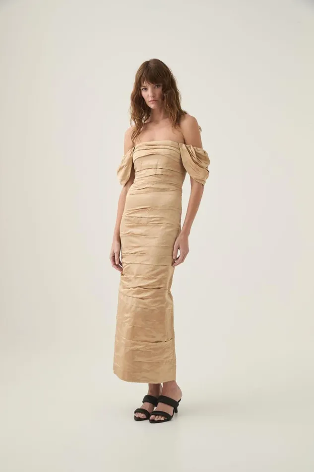Aje Dresses Zara Gathered Midi Dress Gold 8211 Women