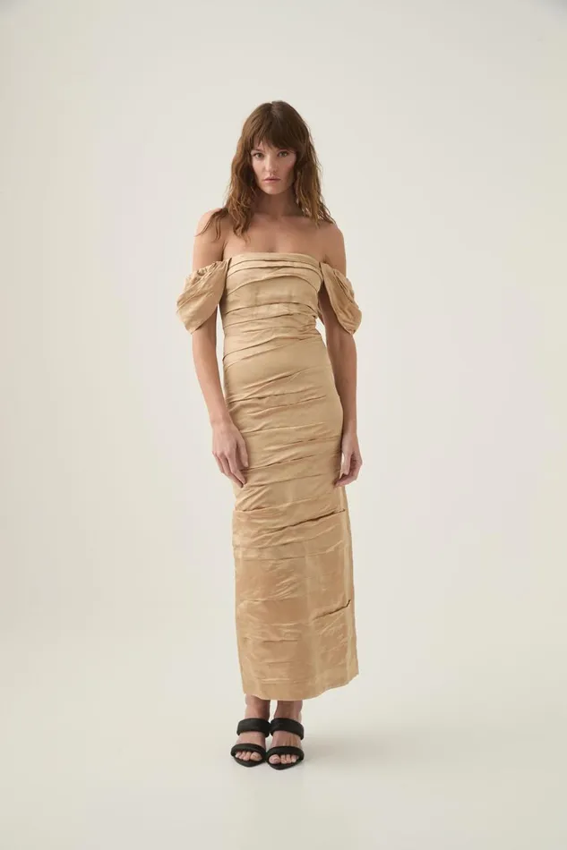 Aje Dresses Zara Gathered Midi Dress Gold 8211 Women Aje Dresses Zara Gathered Midi Dress Gold 8211 Women