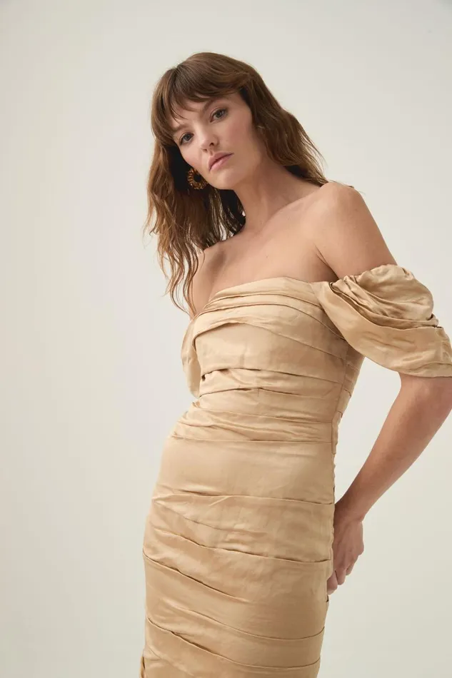 Aje Dresses Zara Gathered Midi Dress Gold 8211 Women Aje Dresses Zara Gathered Midi Dress Gold 8211 Women