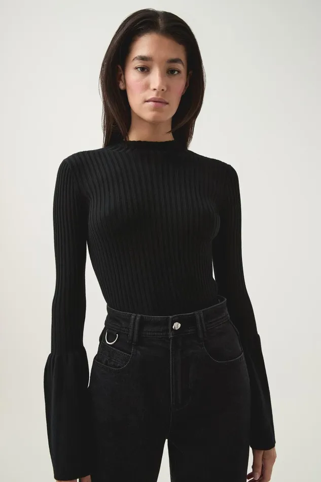 Aje Knitwear and Jumpers Flute Bell Sleeve Knit Top Black 8211 Women