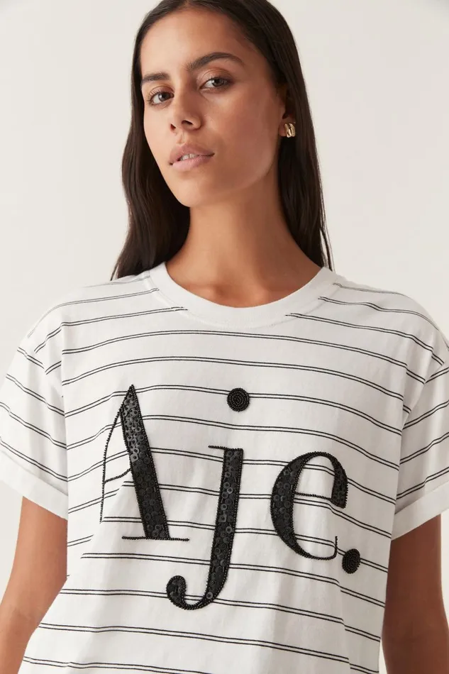 Aje Tees Classic Embellished Logo Tee Blackwhite Stripe 8211 Women