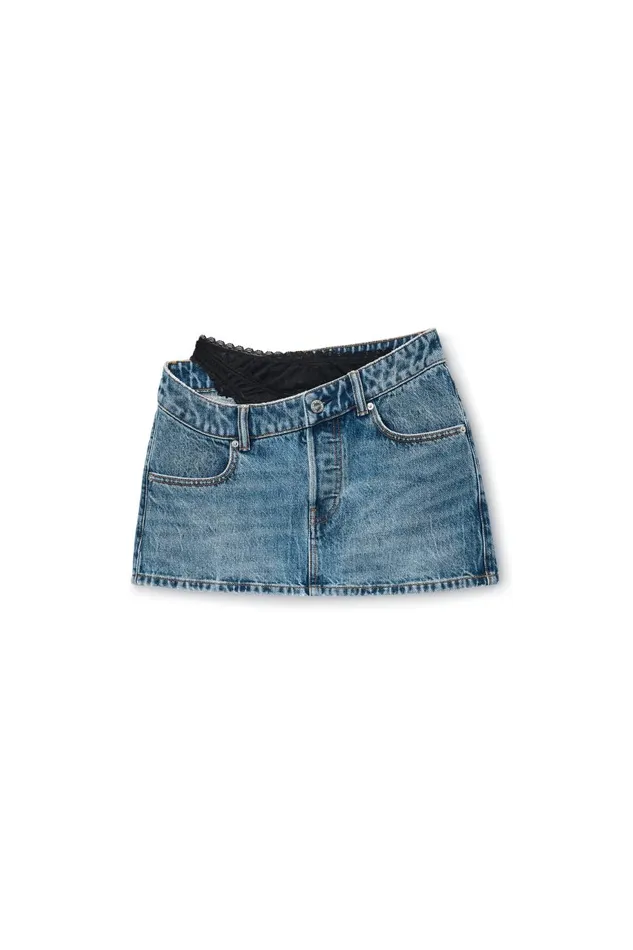 Alexander Wang Denim Women PreStyled Denim Skirt With Asymmetrical Lace Waistband