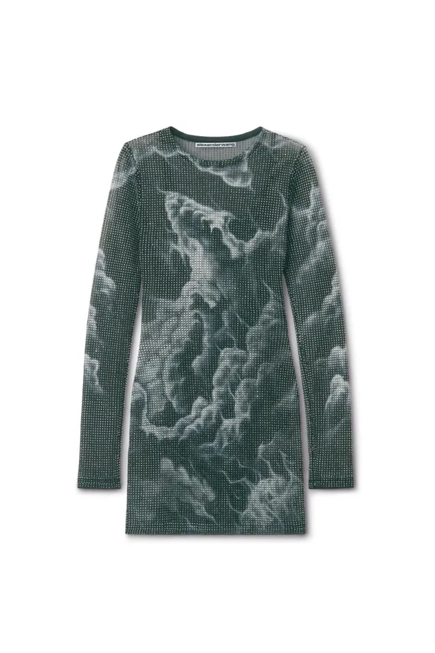 Alexander Wang Dresses Women Crystal Hotfix CloudPrint Sheer Minidress In Organza Jersey
