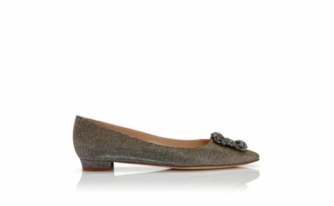 Bridal Shoes Women Manolo Blahnik HANGISIFLAT GLITTERGold Glitter Fabric Jewel Buckle Flat Pumps