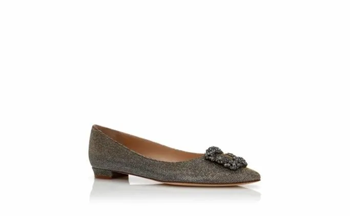 Bridal Shoes Women Manolo Blahnik HANGISIFLAT GLITTERGold Glitter Fabric Jewel Buckle Flat Pumps