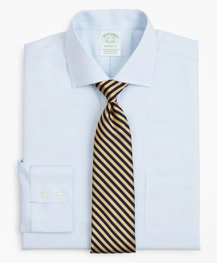Brooks Brothers Dress Shirts Stretch Milano SlimFit Dress Shirt NonIron Twill English Collar MicroCheck Light Blue 8211 Men