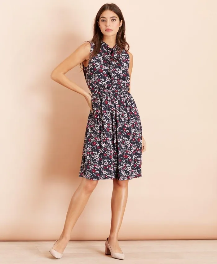 Brooks Brothers Dresses FloralPrint Crepe Dress Navymulti 8211 Women