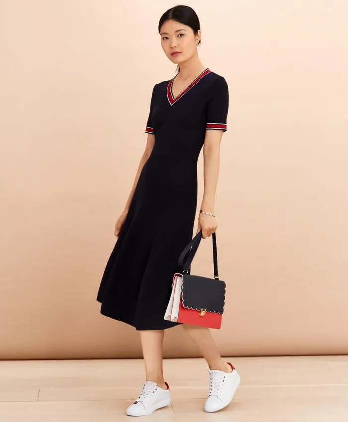 Brooks Brothers Dresses StripeTrimmed Midi Sweater Dress Navy 8211 Women