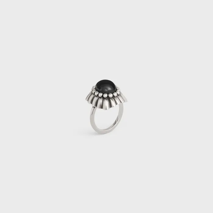 Celine Folk Ring In Brass With Rhodium Finish And Onyx Vintage Silver Onyx Women CELINE RINGS Celine Folk Ring In Brass With Rhodium Finish And Onyx Vintage Silver Onyx Women CELINE RINGS