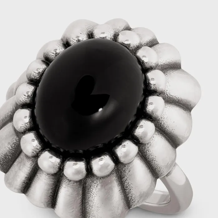 Celine Folk Ring In Brass With Rhodium Finish And Onyx Vintage Silver Onyx Women CELINE RINGS Celine Folk Ring In Brass With Rhodium Finish And Onyx Vintage Silver Onyx Women CELINE RINGS