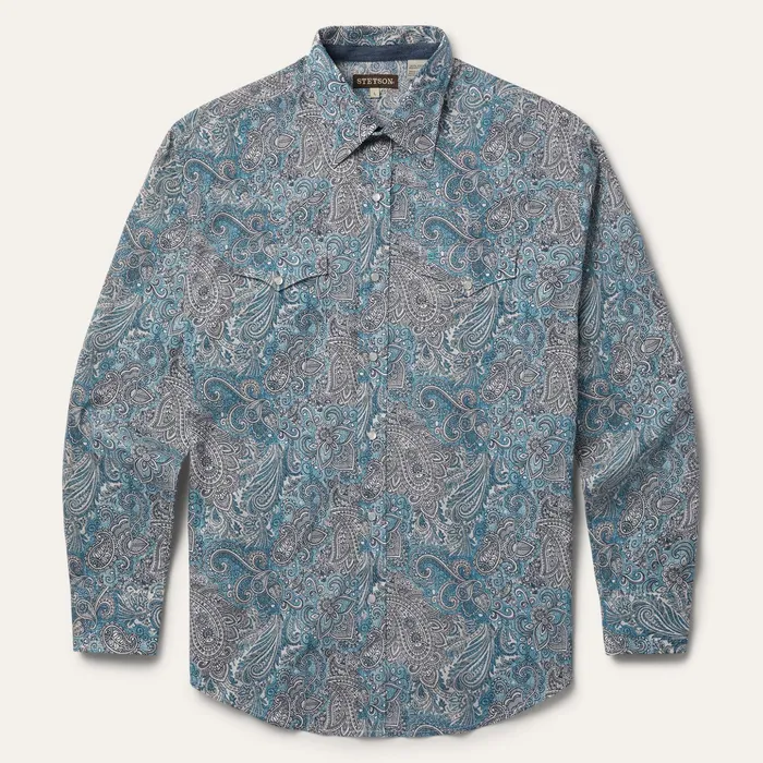 Classic Cut Men Stetson Paisley Western Shirt Green