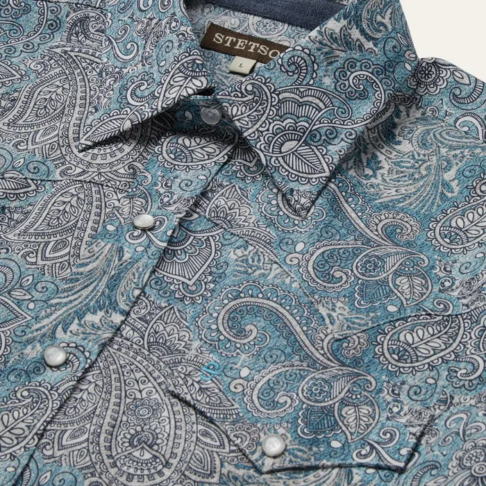 Classic Cut Men Stetson Paisley Western Shirt Green