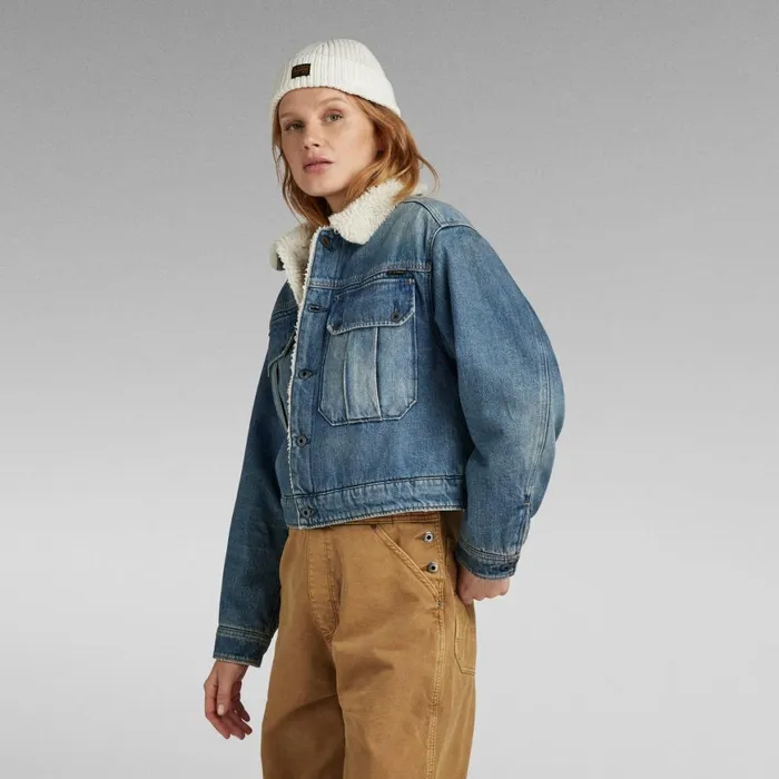 Denim Jackets Women GStar RAW Short Sherpa Denim Jacket Antique Faded Blue Agave