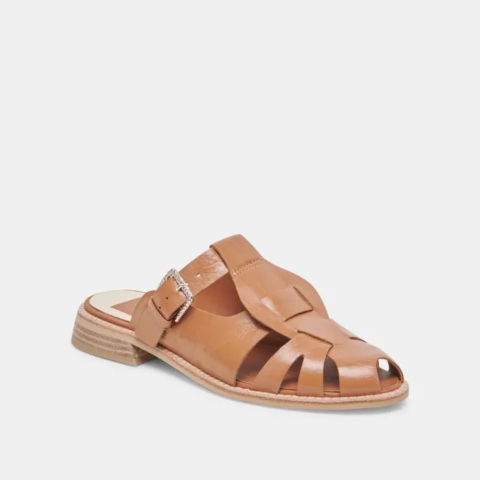 Dolce Vita Hippie Flats Tan Crinkle Patent Women Sandals