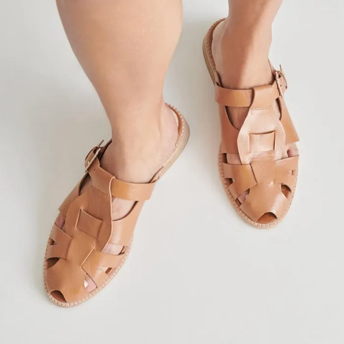 Dolce Vita Hippie Flats Tan Crinkle Patent Women Sandals