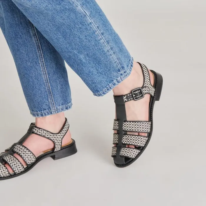 Dolce Vita Holis Sandals Black Multi Raffia Women Flats and Loafers