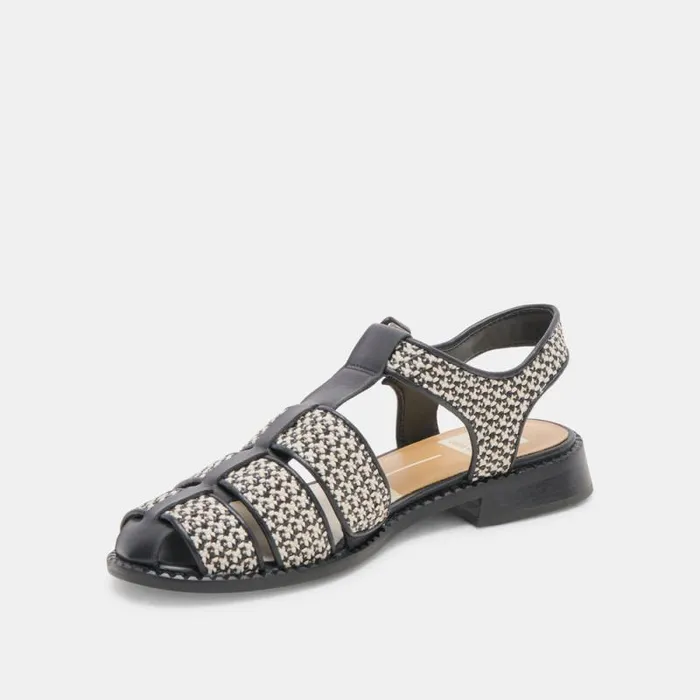 Dolce Vita Holis Sandals Black Multi Raffia Women Flats and Loafers