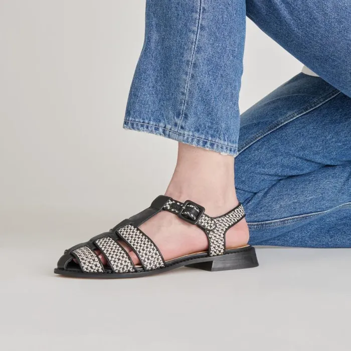 Dolce Vita Holis Sandals Black Multi Raffia Women Flats and Loafers