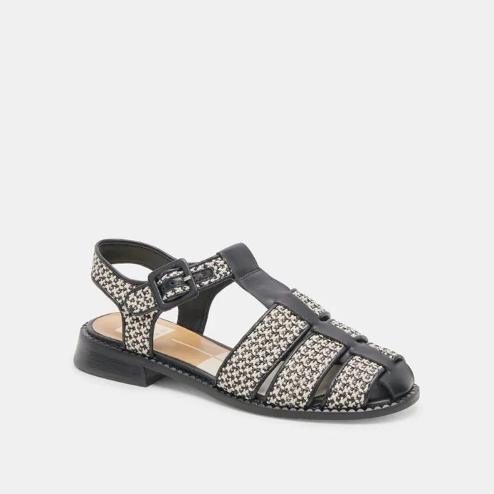 Dolce Vita Holis Sandals Black Multi Raffia Women Flats and Loafers