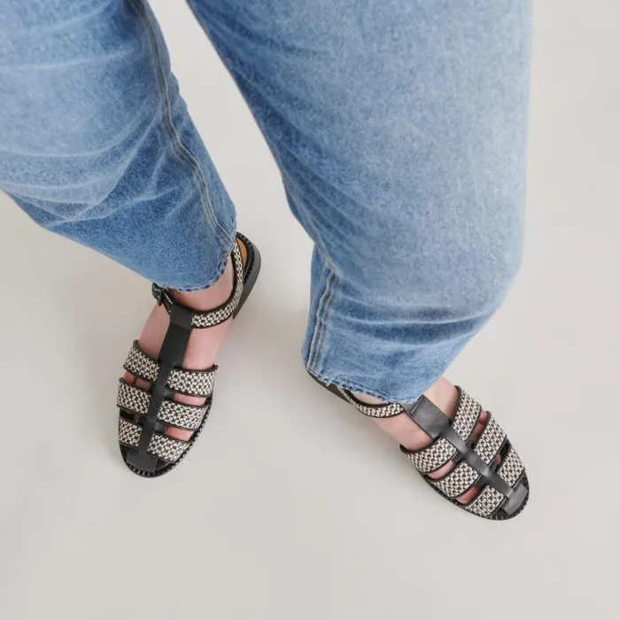 Dolce Vita Holis Sandals Black Multi Raffia Women Flats and Loafers
