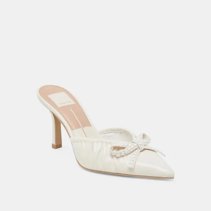 Dolce Vita Kairi Pearl Heels White Crinkle Patent Women Mules and Clogs