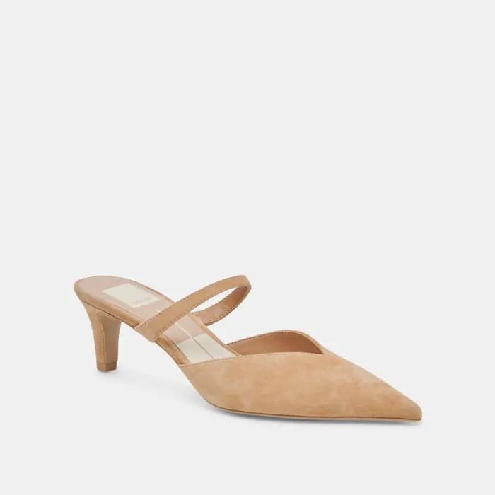 Dolce Vita Kanika Mid Heels Tan Suede Women Mules and Clogs