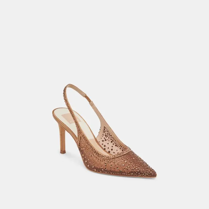 Dolce Vita Kaye Crystal Heels Mid Brown Mesh Women Heels