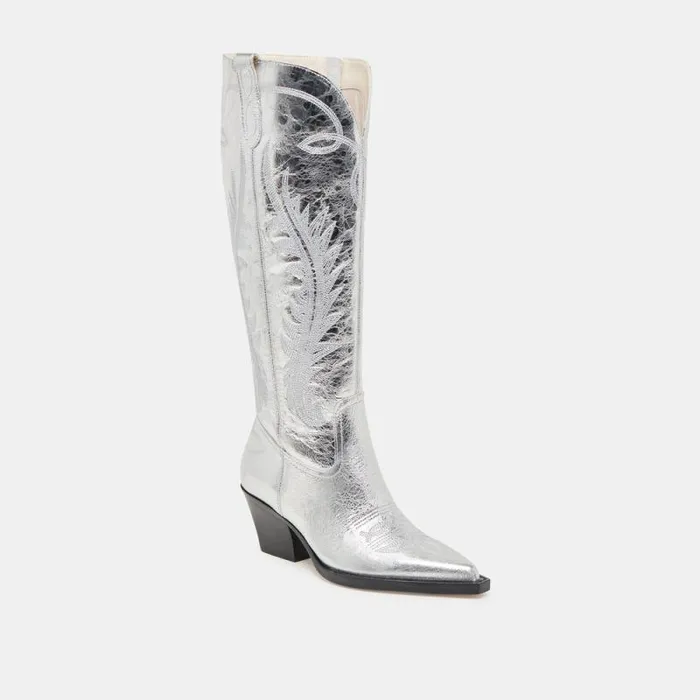 Dolce Vita Ryatt Wide Calf Boots Silver Distressed Leather Women Boots and Booties