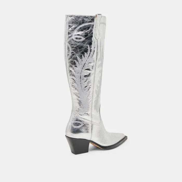 Dolce Vita Ryatt Wide Calf Boots Silver Distressed Leather Women Boots and Booties