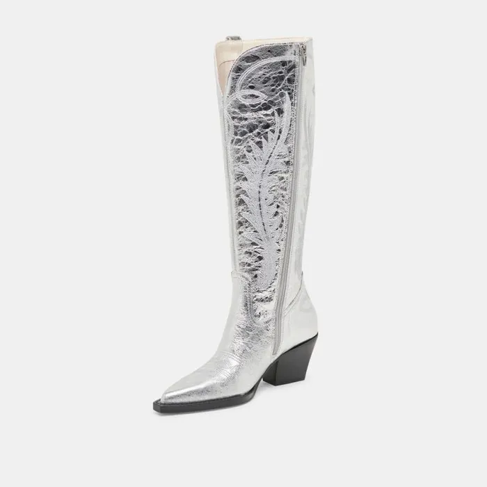 Dolce Vita Ryatt Wide Calf Boots Silver Distressed Leather Women Boots and Booties