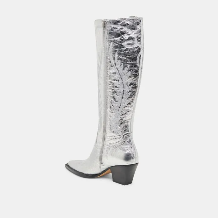 Dolce Vita Ryatt Wide Calf Boots Silver Distressed Leather Women Boots and Booties