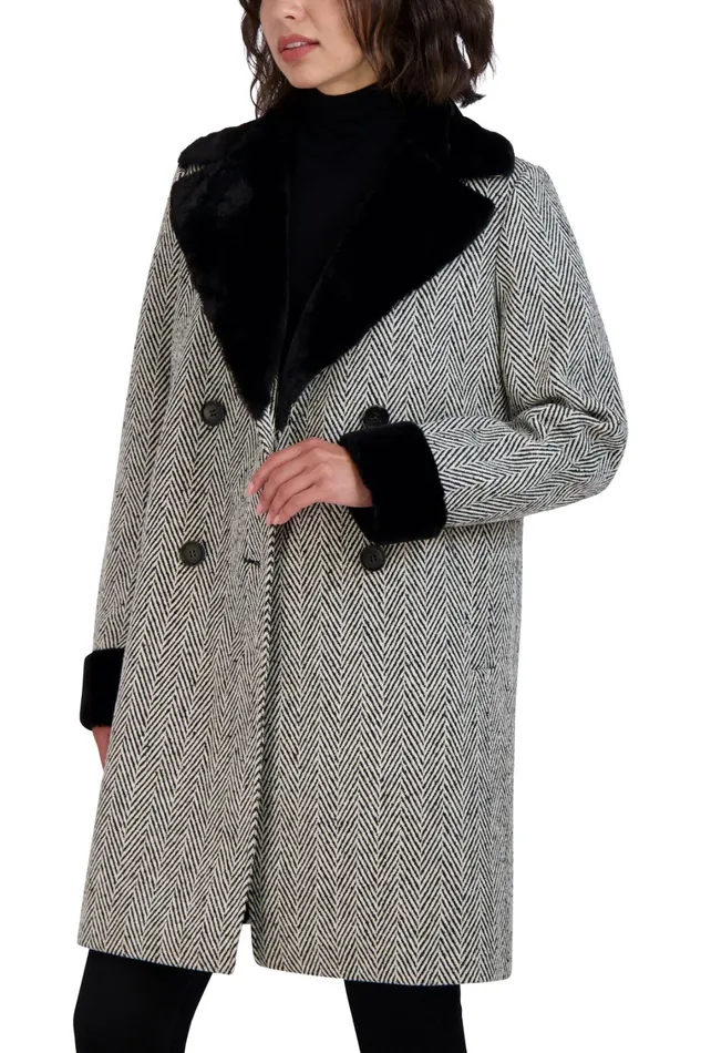 Elie Tahari Coats Tahari Herringbone Shearling Double Breasted Coat Blkwht 8211 Women
