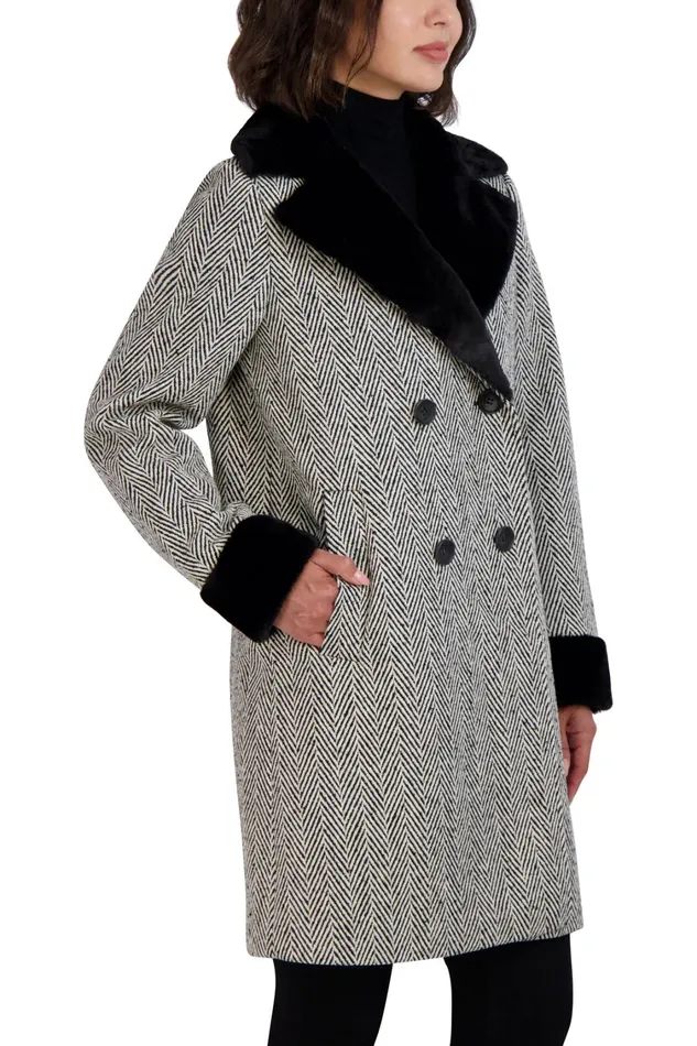 Elie Tahari Coats Tahari Herringbone Shearling Double Breasted Coat Blkwht 8211 Women