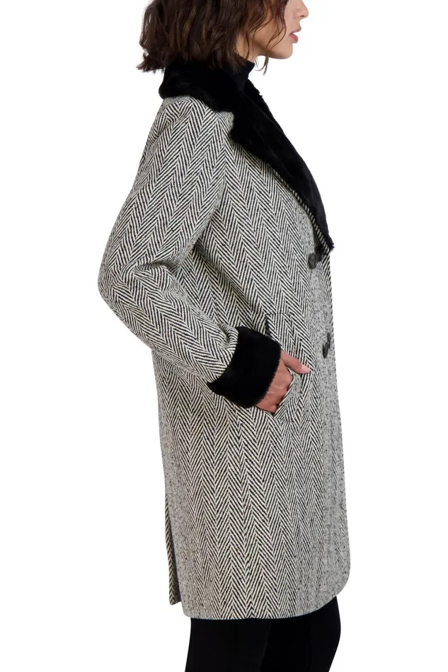 Elie Tahari Coats Tahari Herringbone Shearling Double Breasted Coat Blkwht 8211 Women