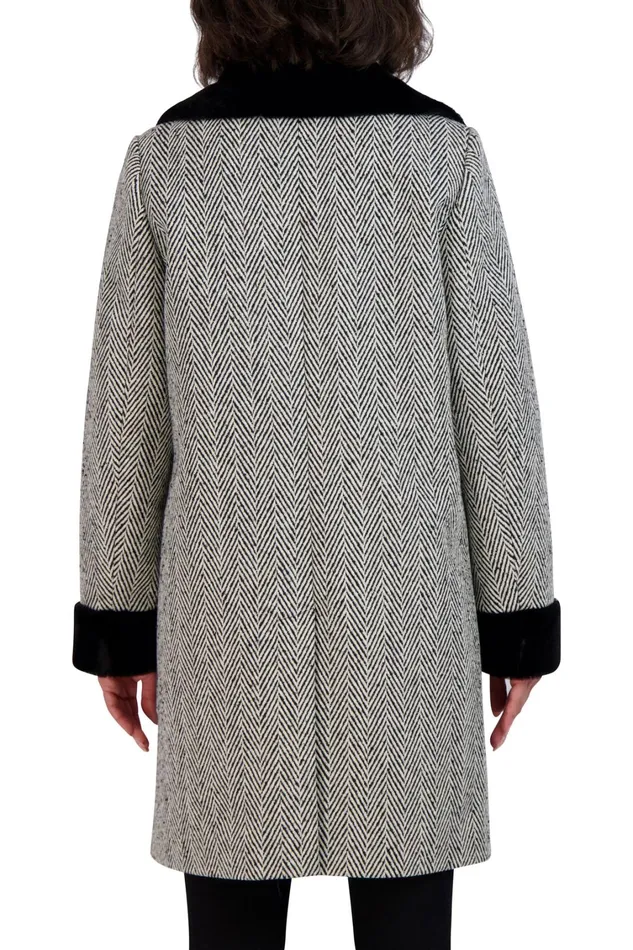 Elie Tahari Coats Tahari Herringbone Shearling Double Breasted Coat Blkwht 8211 Women