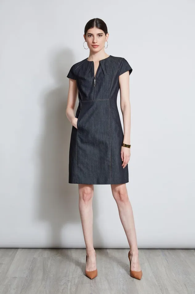 Elie Tahari Dresses and Jumpsuits Denim Fit and Flare Zip Dress Indigo 8211 Women